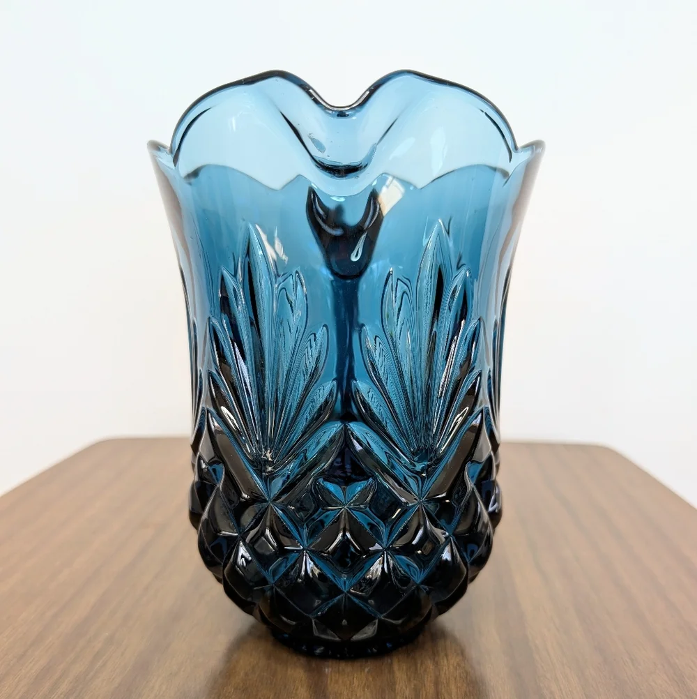 Jeffrey Banks Dark Blue Cut Crystal Pitcher Scalloped Edges Shannon By Godinger